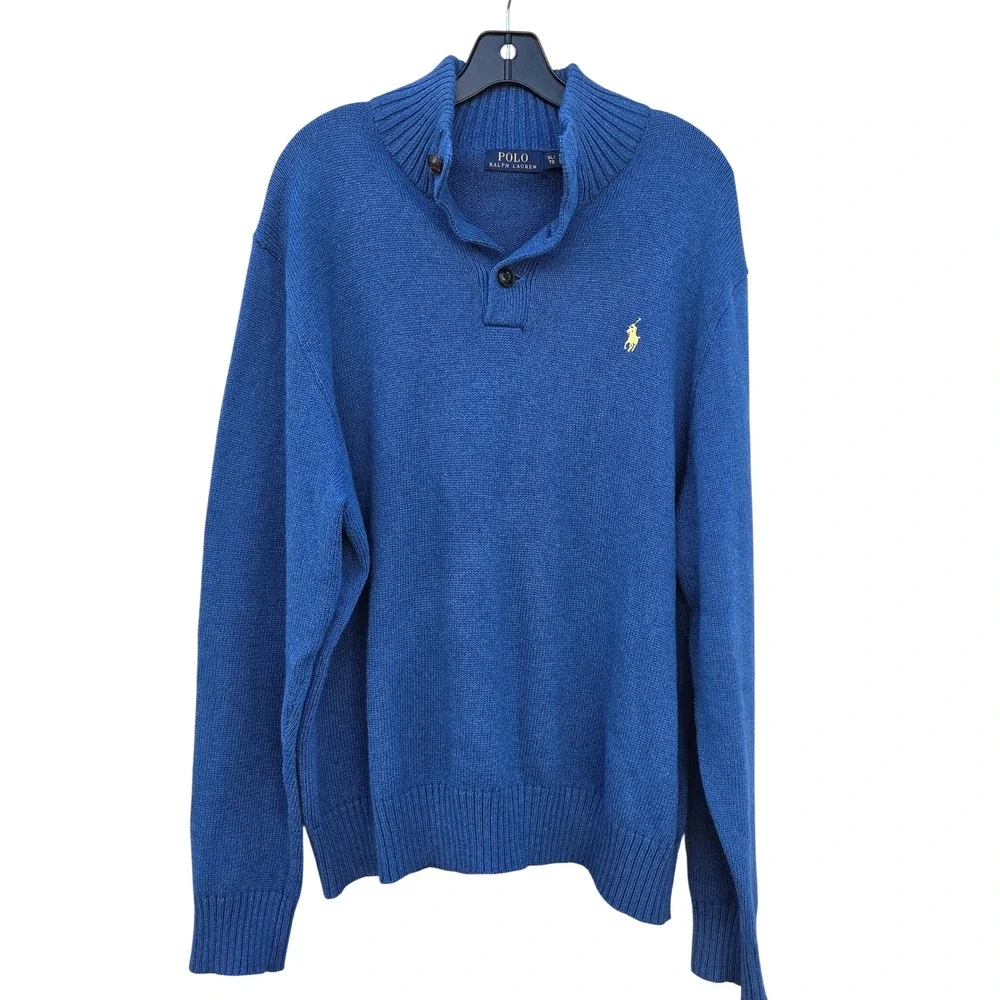 Polo Ralph Lauren Mens XL Blue Cotton Button Mock Neck Sweater Preppy Pony Logo